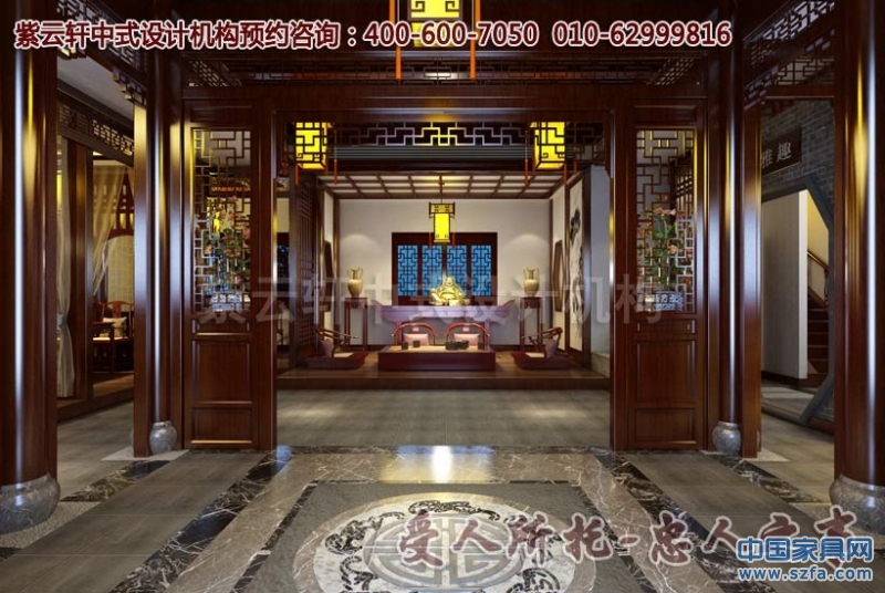 茶樓一層大廳中式設(shè)計(jì)效果圖